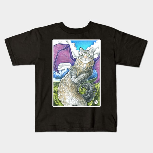 Dragon Cat -White Outlined Version Kids T-Shirt by Nat Ewert Art